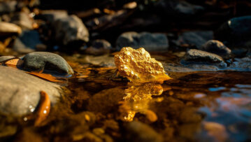 a gold nugget sitting on top of a pile of rocks in the river. ge