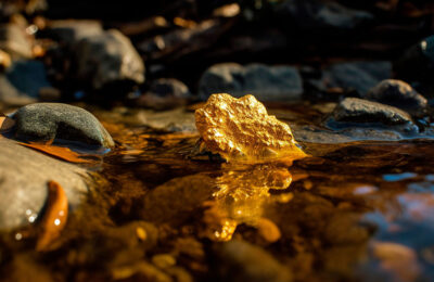 a gold nugget sitting on top of a pile of rocks in the river. ge